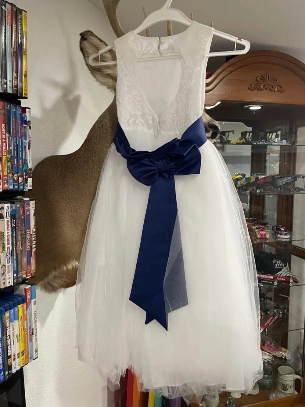 White Lace & Tulle Flower Girl Dress with Navy Sash and Floral Accent